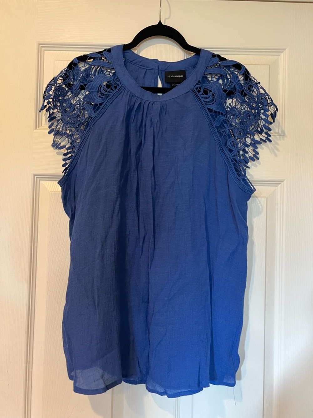 Liv Los Angeles Royal Blue Crochet Cap-Sleeve Blouse